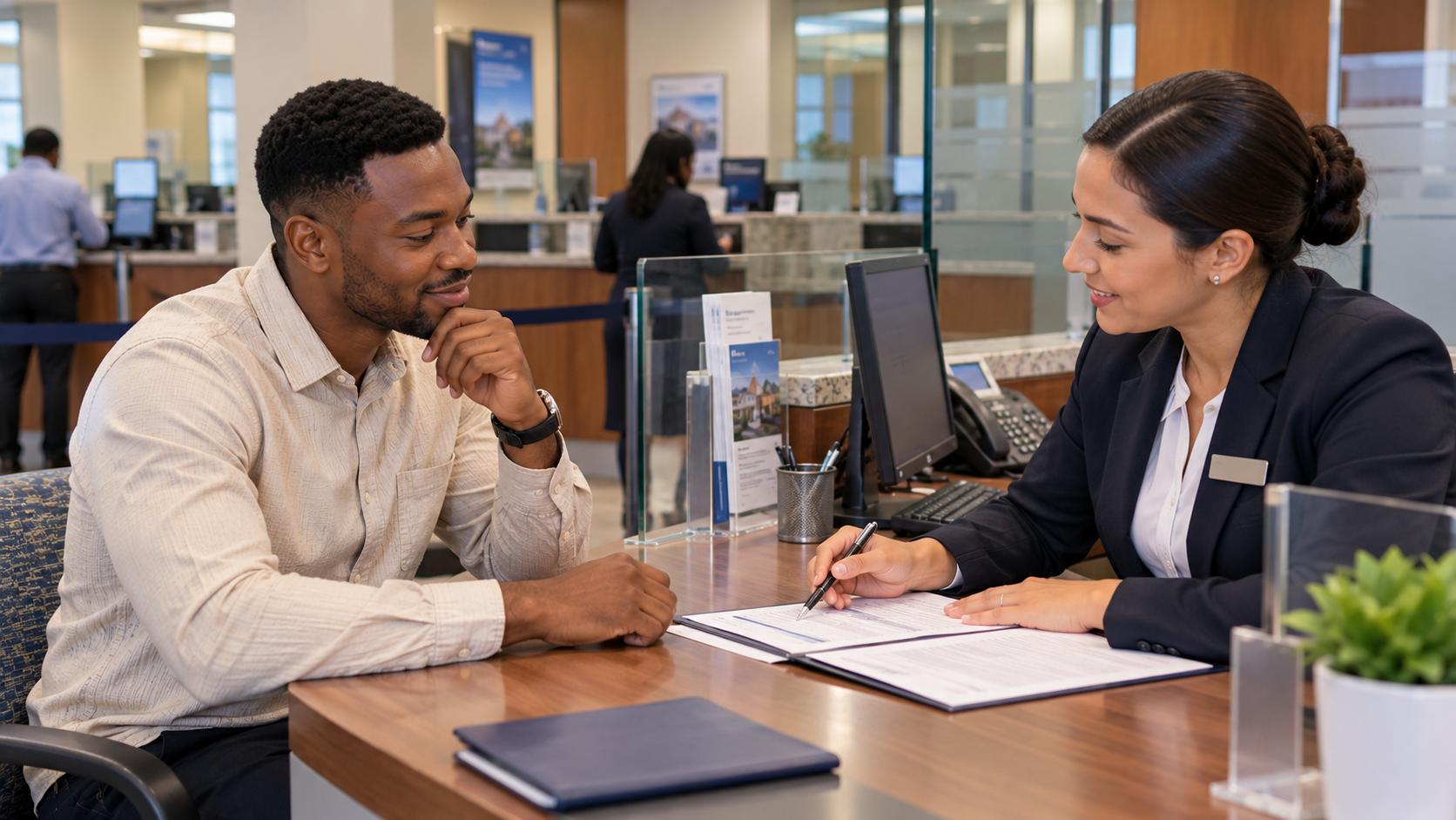 Nigerian newcomer discussing bank account opening requirements with a bank representative inside a U.S. bank branch.