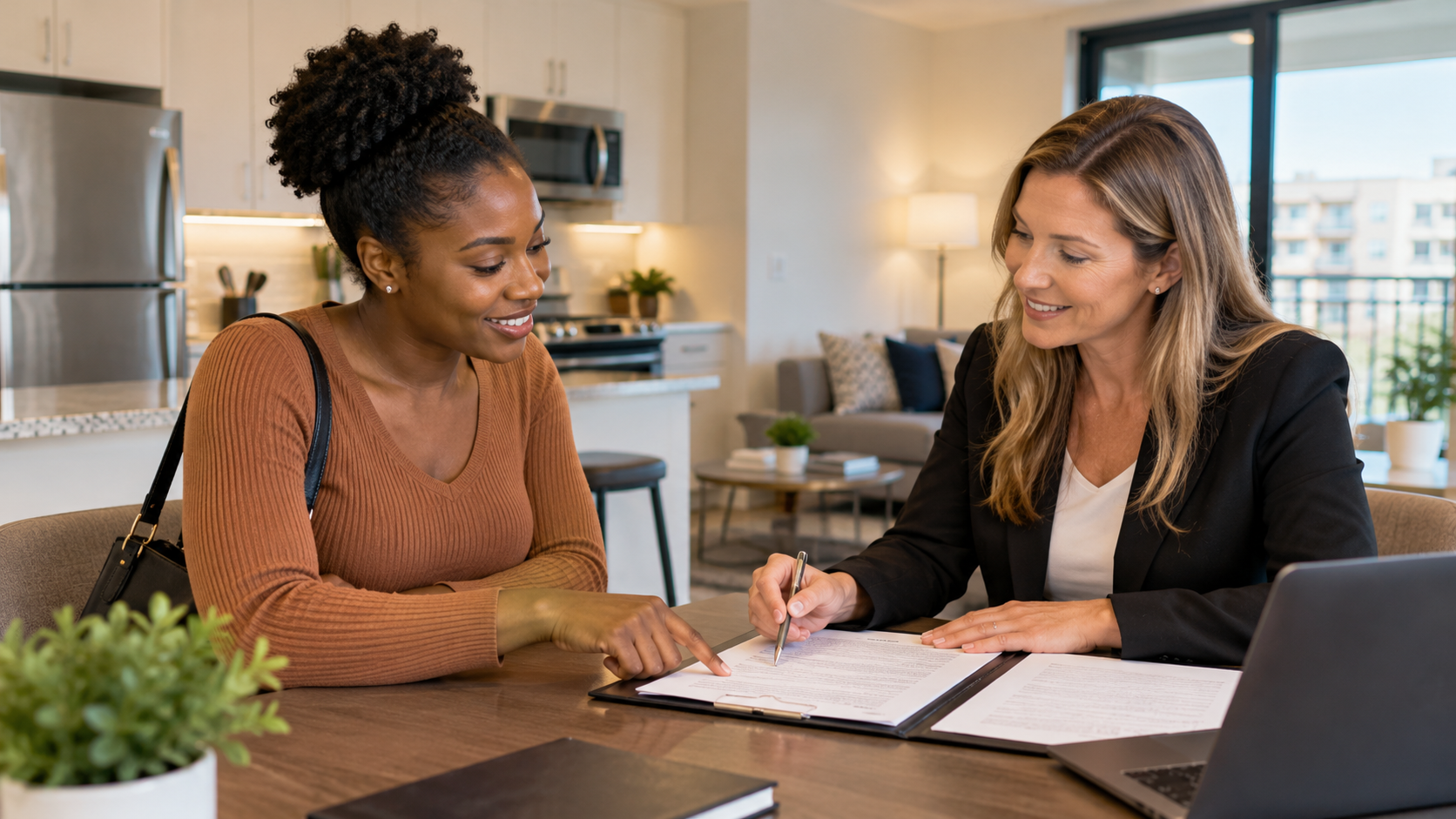 Nigerian woman reviewing an apartment rental lease with an American leasing agent inside a modern U.S. apartment.