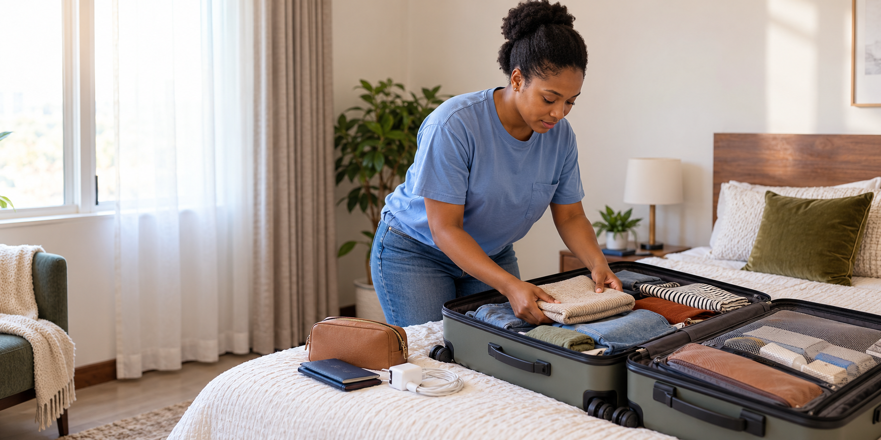 Nigerian woman with natural 4C hair packing clothes into an open suitcase before international travel